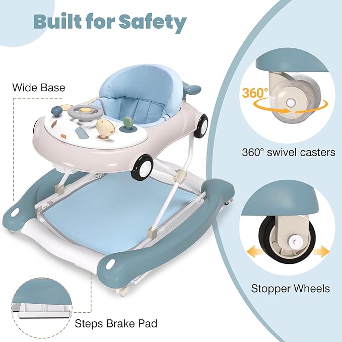 5-in-1 Convertible Baby Walker with Steering Wheel Music Activity Center – Infant Rocker, Jumper, Push Walker, Bouncer & Feeding Foldable Walker for Ages 6-18 Months Boys Girls (Haze Blue)