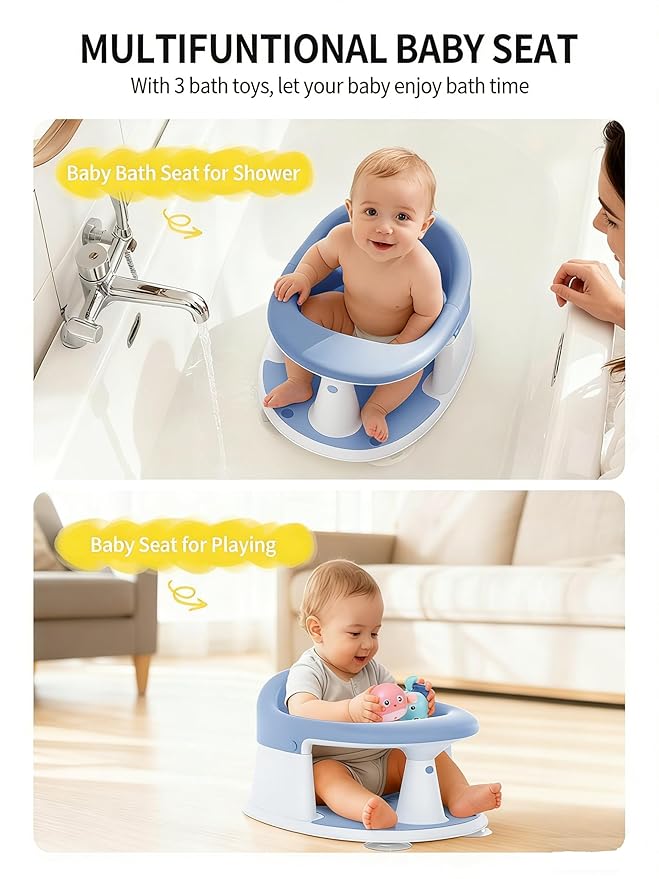 Baby Bath Seat for Babies 6 Months & Up, Bath Seats for Babies Sitting Up, 3 Baby Bath Toys, Open Design, Non-Slip, Compact Toddler Bath Seat.