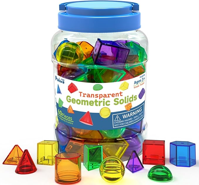 EXBEPE 3D Geometric Solids 60 Pcs for Kids Translucent Geometric Shapes for Geometry Beginnings,Light Table Manipulatives Toy Math Helper School Supplies