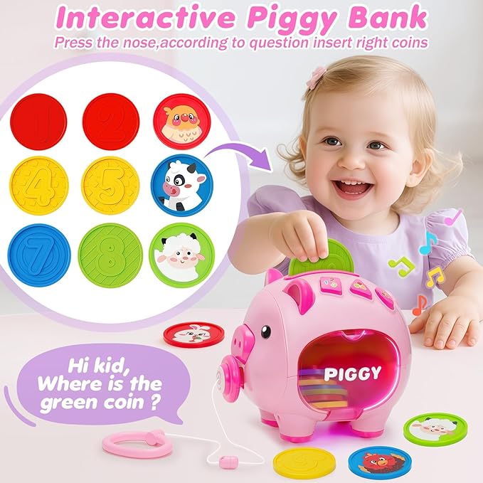 Musical Piggy Toys for 1 Year Old Girl Gift, Piggy Bank with Educational Number, Color, Animal Coin for Baby Interactive Toy 6-12-18 Month, Christmas 1st Birthday for 7 8 9 10 Month Old Girl Boy