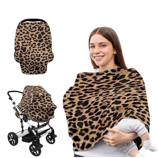 Baby Car Seat Cover Leopard Print Multi-Purpose Soft Rayon Breathable Nursing Cover for Breastfeeding, High Stretchy Infant Unverisal Fit Carseat Canopy, Stroller Cover for Babies