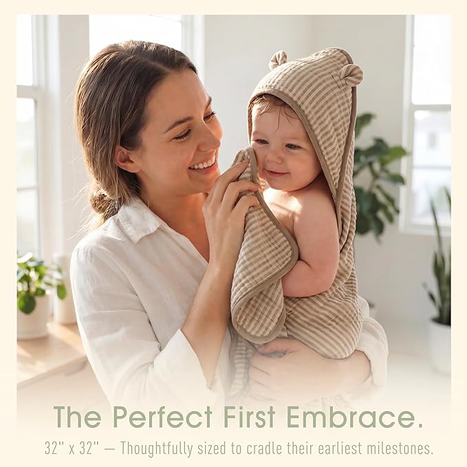 4-Piece Muslin Baby Towel Set - Made with Organic Cotton, (2) 6-Layer 32x32 Towels & (2) Washcloths, Bath, Beach & Pool Gift Set (Neutral Sage Mix)