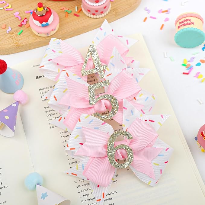 YanJie 1pcs 4'' Baby Hair Bow for 4 Years Old 4th Birthday Outfit Girl Birthday Decorations for Girl Glitter Infants Hair Clips Accessories with Bows