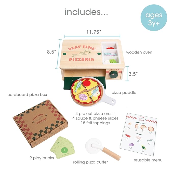 Pearhead Wooden Pizzeria Montessori Pretend Play Food Set, 38-Piece Play Kitchen Accessories, (38 Pcs) Toy Pizza Oven with Pizza Toppings Food Set, Preschool Toys for Toddlers, Ages 3+ Years