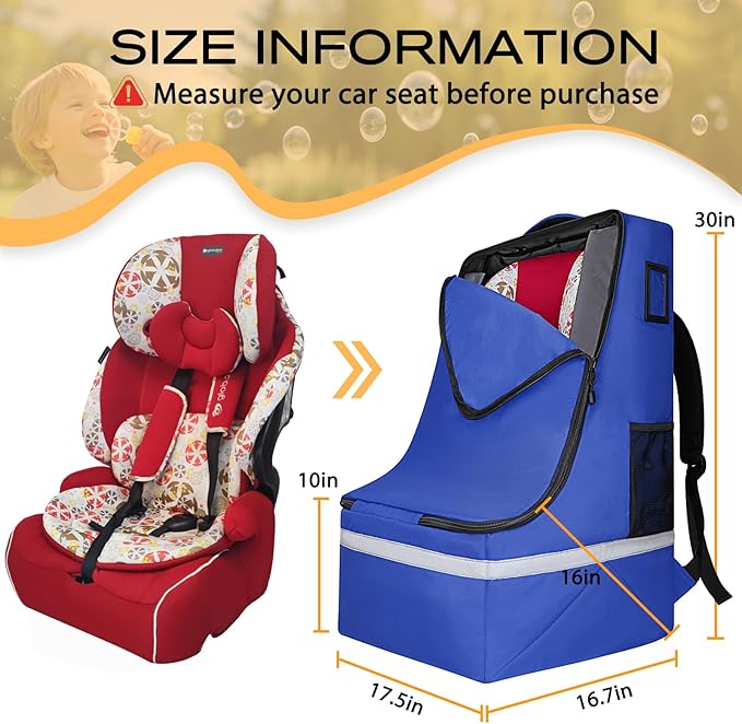 LARIPOP Car Seat Travel Bag for Airplane, Universal Gate Check Car Seat Bag, Padded Backpack with Waist Belt, Reflective Strips & Protective Feet, Fits Infant Convertible Booster Seats, Blue