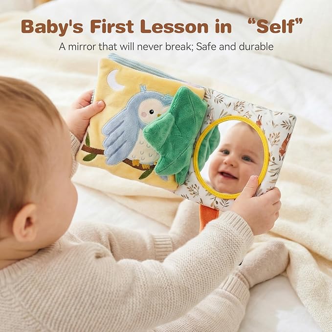 Montessori Soft Baby Book - Sensory Book for Babies 0-12 Months with Crinkle Paper, Touch & Feel Textures, Baby Safe Mirror & Teether. Educational Infant Toys for Tummy Time, Newborn