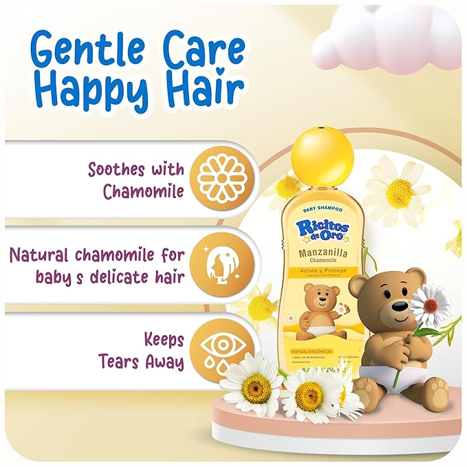 Ricitos de Oro Baby Shampoo with Chamomile – Gentle and Tear-Free Formula for Babies and Kids,Natural Lightening-and Soft Conditioning Hair Care,Paraben-Free,Safe Daily Use,8.4 fl oz,(Pack of 6)