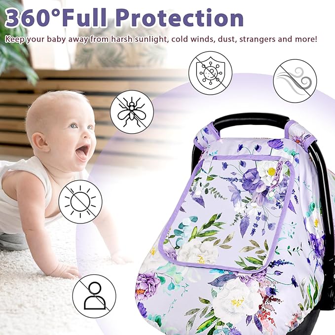 Infant Car Seat Insert & Car Seat Covers for Babies, Purple Baby Car Seat Head Support, Warm Infant Car Seat Cover, Windproof, Floral