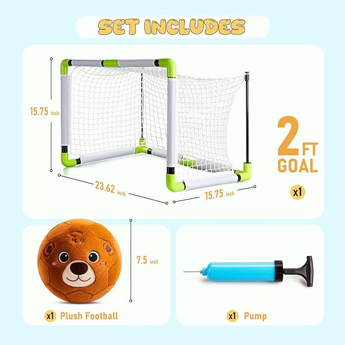 VangeBow Toddler Toy Soccer Goals for Backyard Indoor with Soft Plush Bear Ball, Mini Soccer Nets and Ball Set for Kids(Pump Include)