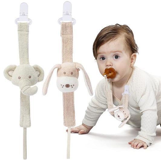 Pacifier Clip, 2 Pack Baby Pacifier Holder for Boys and Girls Fits Many Pacifiers & Baby Teething Toys, Ideal Baby Gift (Elephant&Dog)