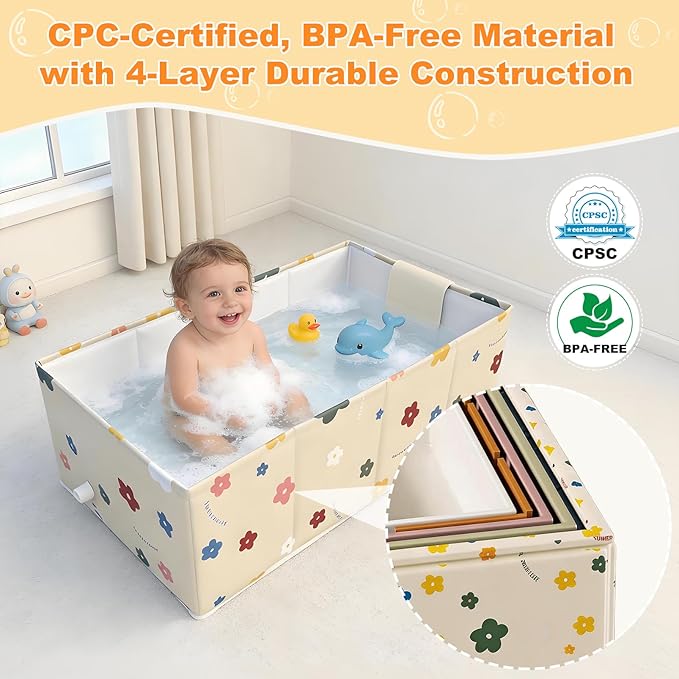 Baby Bathtub, 5-Layer Anti-Tear Foldable Toddler Bath Tub with Padded Bottom Drain Plug, Portable Collapsible Baby Bath for Travel, Shower, Sink, Indoor & Outdoor, 6 Months to 5 Years
