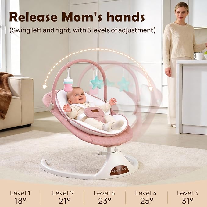 Baby Swings for Infants, Portable Stationary Infant Swing with 5-Speed Settings, Bluetooth Music & Timer, Suitable for Newborns up to 9 Months (Pink)