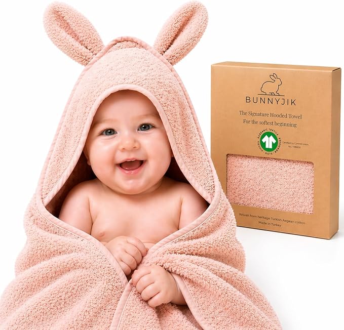 Turkish Organic Cotton Hooded Towels - Heritage Aegean Cotton, Organic Thick Bath Towels for Newborn, (Cozy Bunny, 35×35" — Baby/Toddler Large Size (6 Months–Toddler)) Best New Born Baby Girls Gift