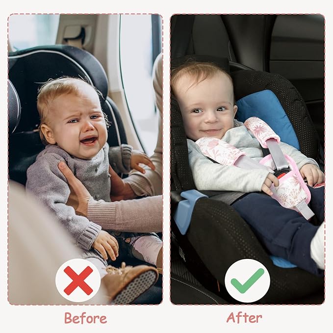 Baby Car Seat Strap Pads Suit, 3 Pieces Soft Car Seat Strap Shoulder Covers for Baby Infant Toddler, Double-Sided Car Seat Belt Covers for Stroller, Pushchair, Baby Swing, Pink Floral