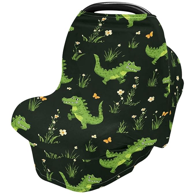 Cute Crocodile Baby Car Seat Covers Green Alligator Grass Carseat Canopy Soft Infant Stroller Cover Nursing Breastfeeding Covers for Girls Boys Newborn Fit Summer Spring Autumn