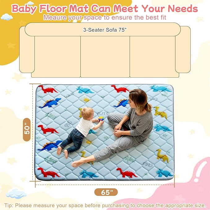 omzer Baby Play Mat for Floor: 65" x 50" Playpen Mat - Thicker & Large Soft Cushioning Padding Foam Playmats for Babies and Toddlers - Machine Washable Non-Slip Baby Crawling Mat, Dinosaur Designs