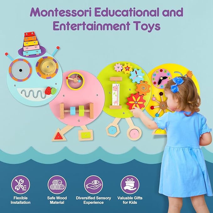 Caterpillar Activity Wall Busy Board for Kids:12 in 1 Sensory Wall Panel for Toddler,Wooden Montessori Educational Toys for Playroom Daycare Nursery Classroom