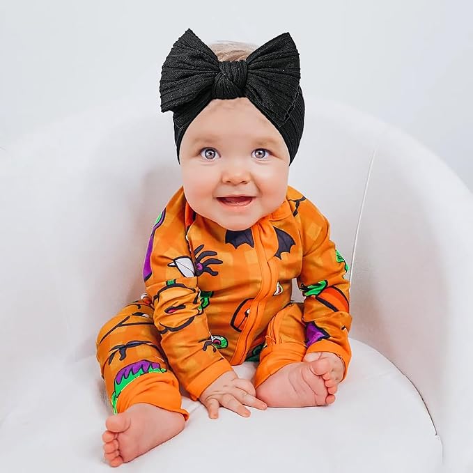 LemonSpace Handmade Halloween Thanksgiving Baby Bows for baby girls Stretchy Nylon Hair Bands Hair Accessories with Orange Headbands Bows for Newborn Baby Girls Infant Toddlers Kids Bow(Orange Black)