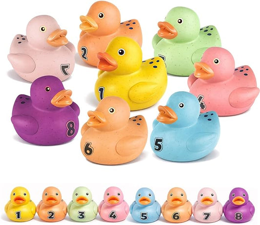 Bath Toys for Toddlers 1-3, 8 Pcs No Hole Wheat Straw Rubber Ducks, Christmas Stocking Stuffers Gifts for Boys & Girls 6-12 Months, Floating Baby Bath Toys for Sensory Learning & Education