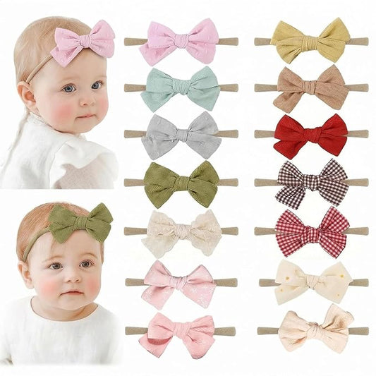 14 Pcs Baby Girl Headband Bows Soft Nylon Hairbands With Hair Bows Elastics Linen Handmade Toddler Hair Accessories For Girls Newborns Infants And Kids. (Brown Bows, Mid)