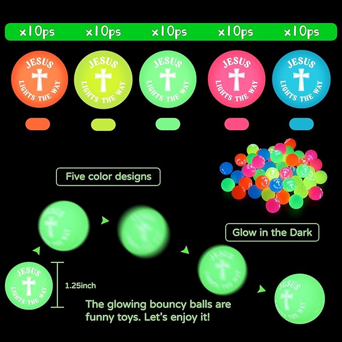 50 Pcs Christian Glow in The Dark Bouncy Balls Jesus Lights The Way Rubber Bouncing Balls for Easter Religious Basket Stuffers Party Favors