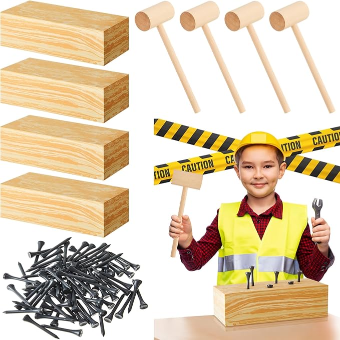 Realspring 8 Set Wooden Hammer Toys Kids Hammer Pounding Toy 8+ Year Old Carpentry Workbench Toys for Construction Birthday Party Supplies Montessori Education Boys and Girls Gift
