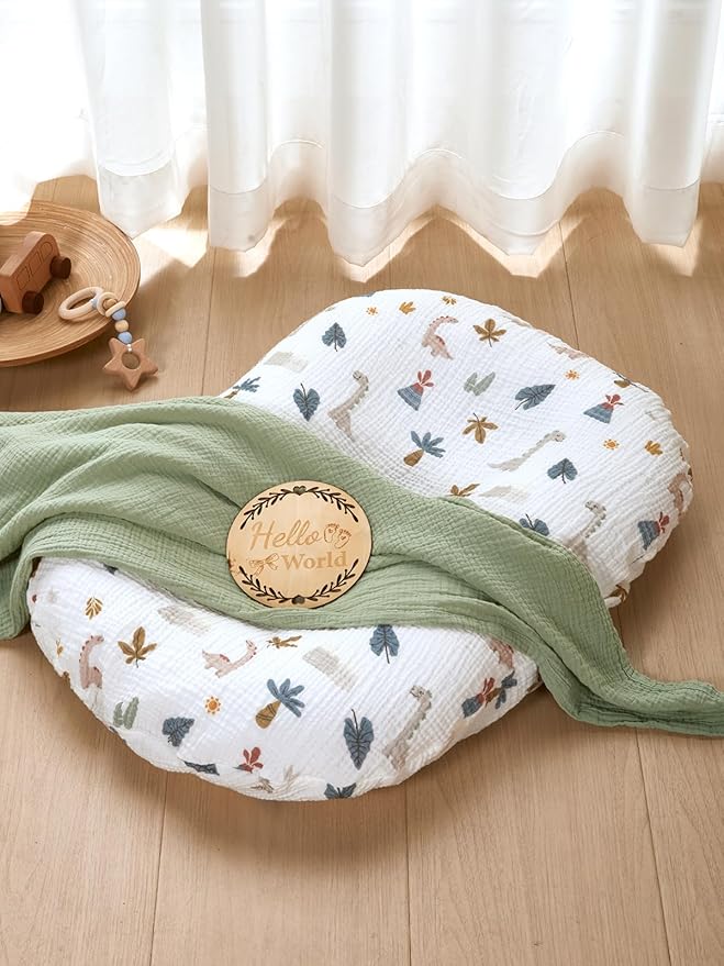 TILLYOU Muslin Baby Lounger Cover, 100% Cotton Newborn Lounger Cover, 2 Pack Baby Nest Slipcover for Boys Girls, Cover Only, Dinosaur