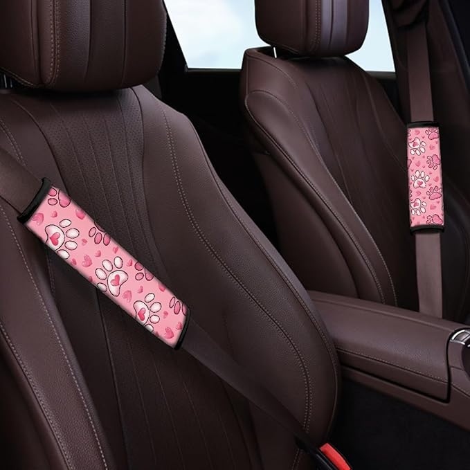 UNICEU Pink Love Hearts Dog Paw Car Seat Strap Pads 2 Pack Soft Shoulder Seatbelt Strap for Women Lady,Valentine Day Car Interior Decoration Accessory