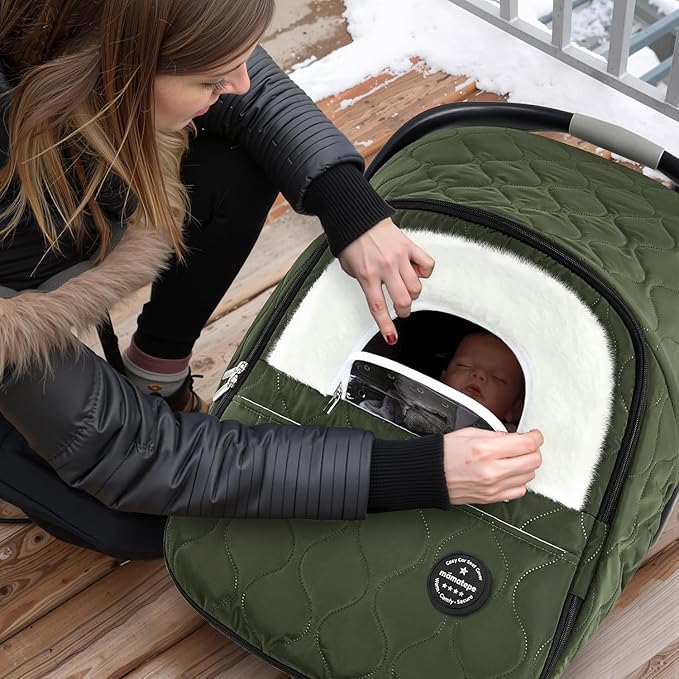 Winter Baby Car Seat Cover, Waterproof, Windproof Warm Winter Car Seat Cover for Doona Car Seats and Strollers,Fleece Breathable Car Seat Cover Baby with Full Zipper, Green
