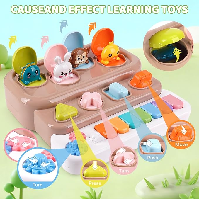 Pop Up Music Toy with Piano Keyboard - Interactive Cause and Effect Animal Game for 1-3 Year Olds, STEM Learning Educational Baby Toy with Music & Lights for Toddlers 6-12 Months