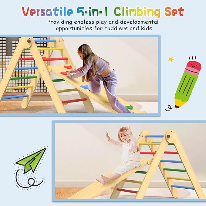 Pikler Triangle Set, 7 in 1 Foldable Climbing Toys Set for Kids, Baby Jungle Gym with Ramp & Arch, Wooden Montessori Climbing Set Indoor for Toddler (Colorful)