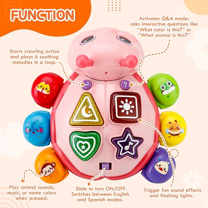 Baby Toys 6-12 Months, Crawling Musical Baby Toy with Obstacle Avoidance, Lights & Music, Interactive Tummy Time Learning Toy with Animal Sounds, English Spanish Developmental Gift for Boys & Girls