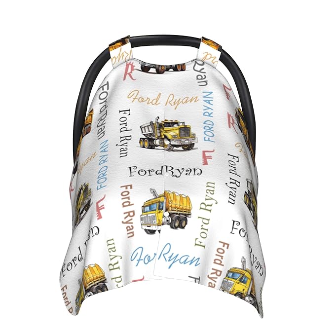 Custom Baby Car Seat Canopy Personalized Car Seat Covers with Name for Baby Boys Girls Customized Construction Truck Nursing Breastfeeding Cover Infant Carseat Canopies Newborn Baby Blanket