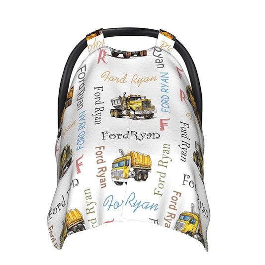 Custom Baby Car Seat Canopy Personalized Car Seat Covers with Name for Baby Boys Girls Customized Construction Truck Nursing Breastfeeding Cover Infant Carseat Canopies Newborn Baby Blanket