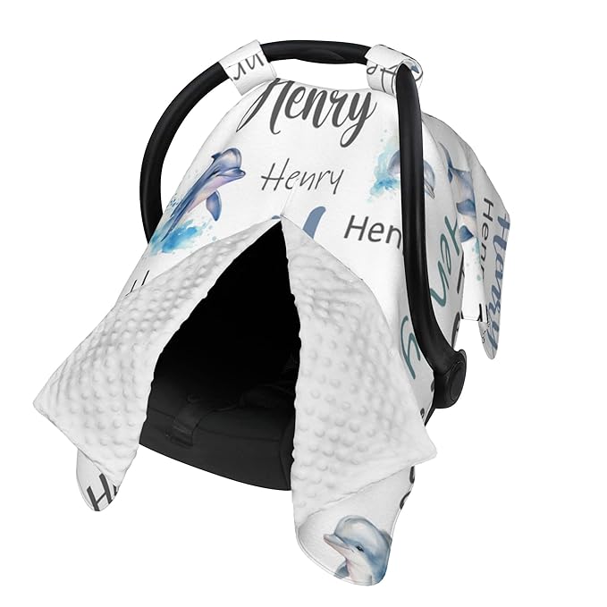 Personalized Baby Car Seat Cover Custom Name CarSeat Canopy Customized Dolphin Newborn Nursing Breastfeeding Cover Minky Baby Blanket Infant Car Seat Canopies for Baby Girls Boys
