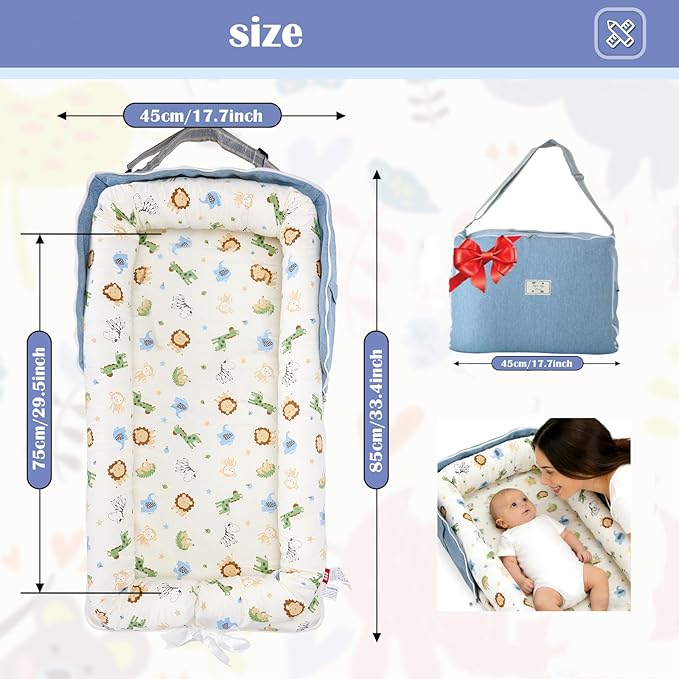 Baby Lounger for Newborns & Infants 0–24 Months, 100% Cotton Breathable Infant Support Cushion with Adjustable Size, Portable Baby Nest for Home and Travel, Baby Shower Gift (Animal World Blue)