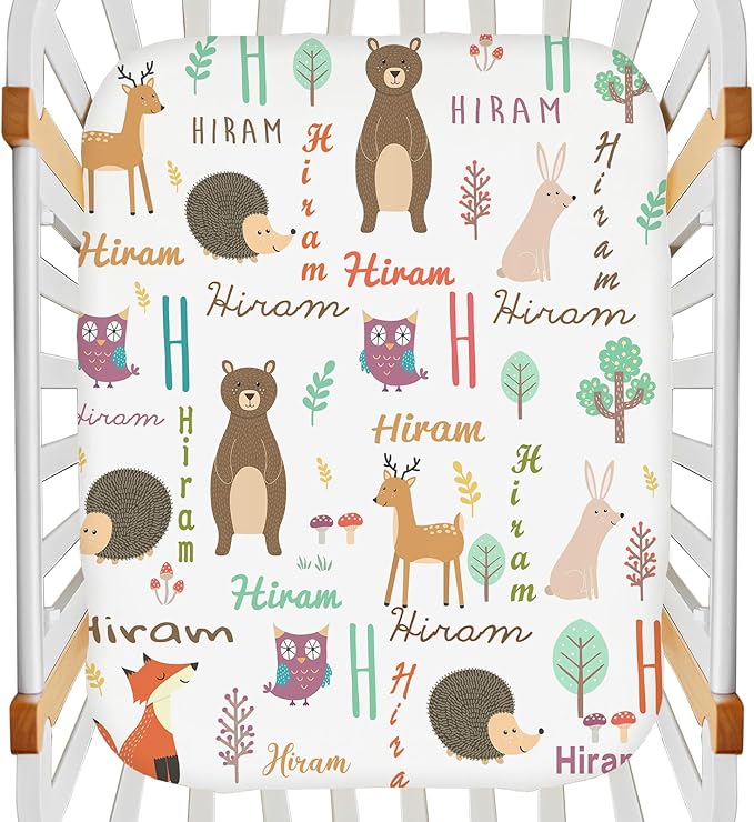 Personalized Name Mini Crib Sheet for Baby Girls Boys - Customized Monogram Pack and Play Sheets, Multiuse Sheet for Pack & Play, Playard, Playpen, Mini Crib Mattress - Cute Animal