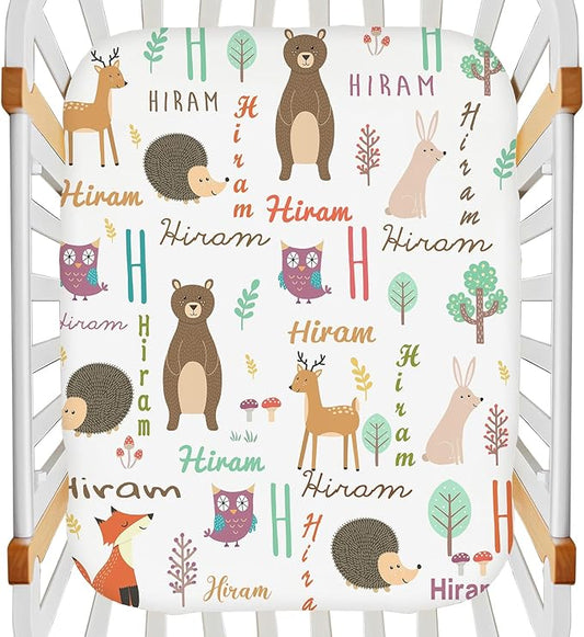 Personalized Name Mini Crib Sheet for Baby Girls Boys - Customized Monogram Pack and Play Sheets, Multiuse Sheet for Pack & Play, Playard, Playpen, Mini Crib Mattress - Cute Animal