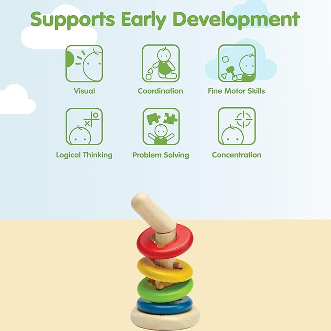 PlanToys® Twist & Sort Wooden Stacking Toy for Toddlers | Montessori Fine Motor Toy with Twistable Rod & Colorful Rings | Eco-Friendly Educational Puzzle for Kids Ages 2+