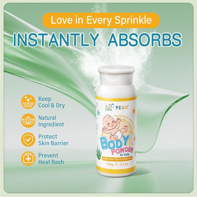 PEGO Baby Powder - Talc-Free Cornstarch Powder,Prevent Heat Rash,Diaper Rash,with Zinc Oxide,Vitamin E,Aloe and Chamomilla,Anti-Chafing & Itch Relief,Non-Irritating, Calming Skin Care (2pack)