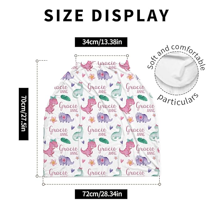 Personalized Baby Car Seat Cover Stroller Canopy: Custom Name Newborn Baby Boy Girl Elastic Animals Nursing Cover for Moms First Birthday Gift Pink Dinosaur(one Size)