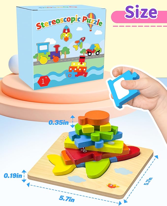 Wooden Puzzles Toddler Toys for Boys Girls, 4 Vehicle Shape Learning Educational Blocks Birthday Gifts Sensory Toy Montessori Toys