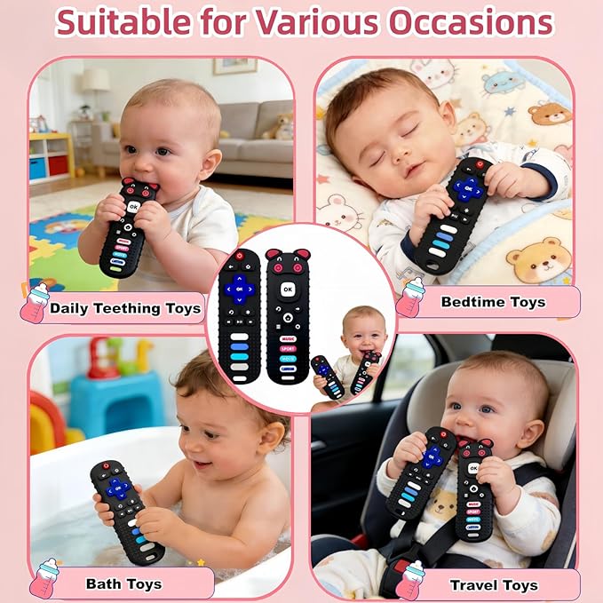2Pcs Baby Teething Toys, BPA-Free Food Grade Silicone Baby Remote Control Teething Toy for 3-18 Months, Teething Relief Baby Toys, Teething Relief Newborn TV Remote Shaped Toy (Balck&Pig Black)