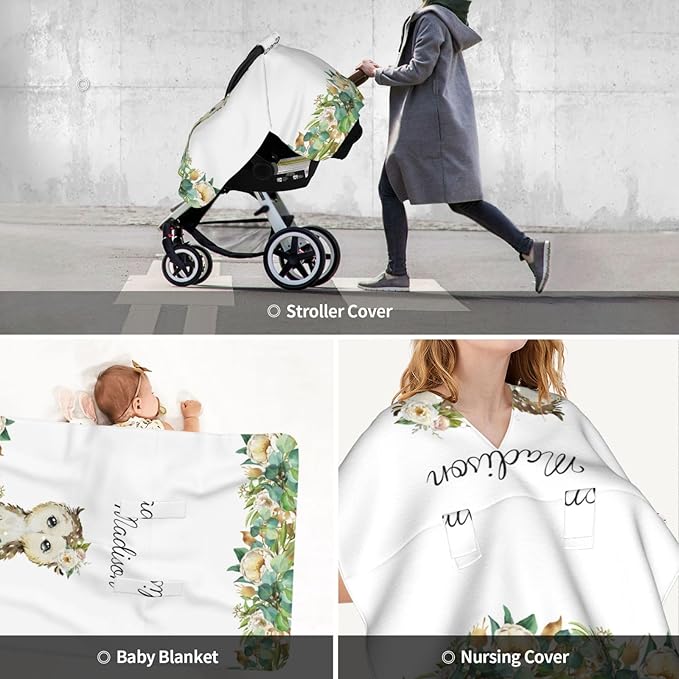 Custom Baby Car Seat Canopy with Name, Personalized Stroller Baby Car Seat Covers for Boys Girls, Minky Nursing Carseat Cover for Breastfeeding, Car Seat Canopies for Infant Newborn(Owl)
