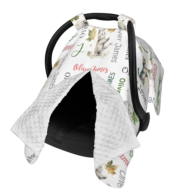 Custom Baby Car Seat Canopy Personalized Car Seat Covers with Name for Baby Boys Girls Customized Cat Nursing Breastfeeding Cover Infant Carseat Canopies Newborn Minky Baby Blanket