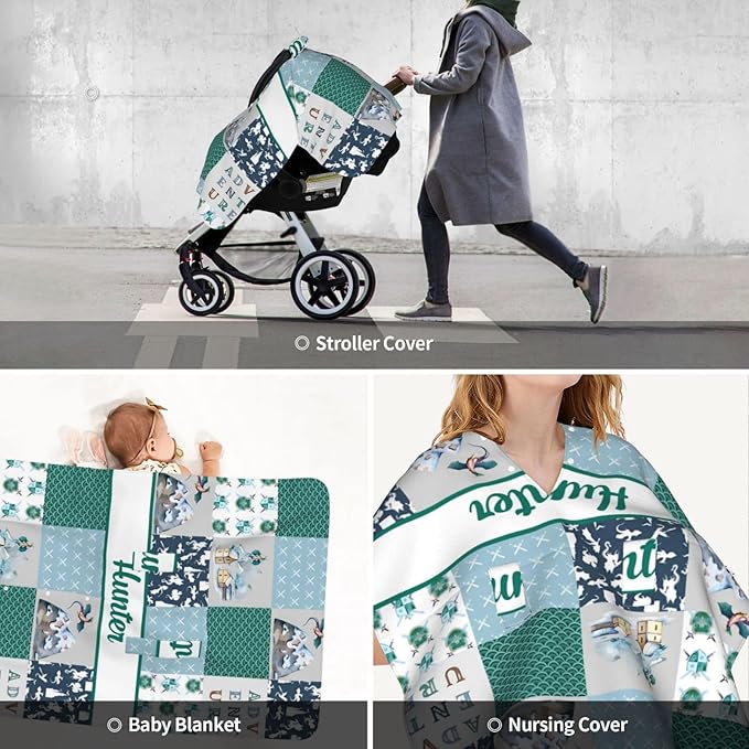 Personalized Baby Car Seat Canopy for Babies with Name, Custom Car Seat Covers for Boys Girls, Dragons Nursing Breastfeeding Stroller Cover Infant Carseat Canopies for Newborn