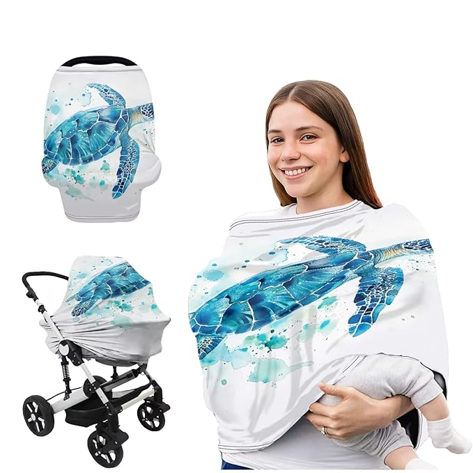 Sea Turtle Baby Nursing Cover & Nursing Poncho Multi Use Cover for Baby Car Seat Canopy,Shopping Cart Stroller Cover,Full Privacy Breastfeeding Coverage, Baby Shower Gifts for Boy&Girl