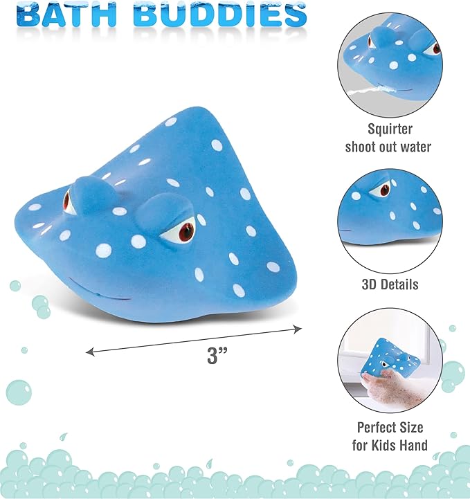 DolliBu Manta Ray Bath Buddy Squirter - Floating Blue Manta Ray Rubber Bath Toy, Fun Water Squirting Bathtime Play For Toddlers, Soft Sea Life Animal Toy For The Bathtub, Beach & Pool for Girls & Boys