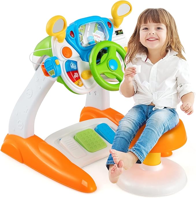 HONEY JOY Steering Wheels Toys for Toddler Boys Girls, Pretend Play Learning Driver Toy Cars for Preschool Baby, Lights & Music, Interphone, Pedal, My First Driving Educational Musical Toy w/Stool