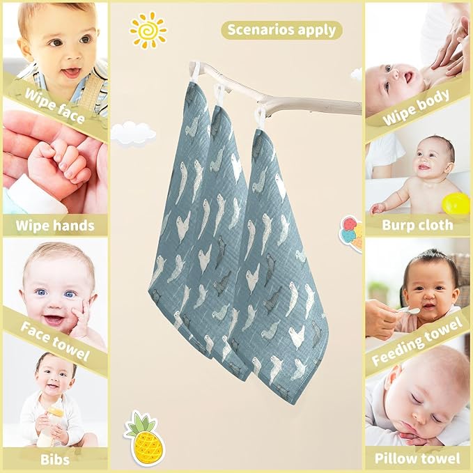 Seal Baby Washcloths Newborn Muslin Burp Cloths 3 Pack Soft Cotton Baby Face Bath Towel Drool Bibs for Infants, Girls and Boys 11.8 x 11.8 Inch